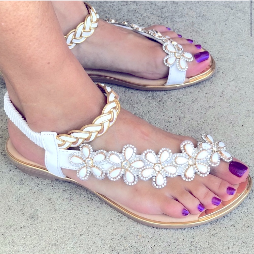 Restock! Italina Green Daisy Flower Rhinestone Gold Woven Slingback Sandal - Picture 13 of 15
